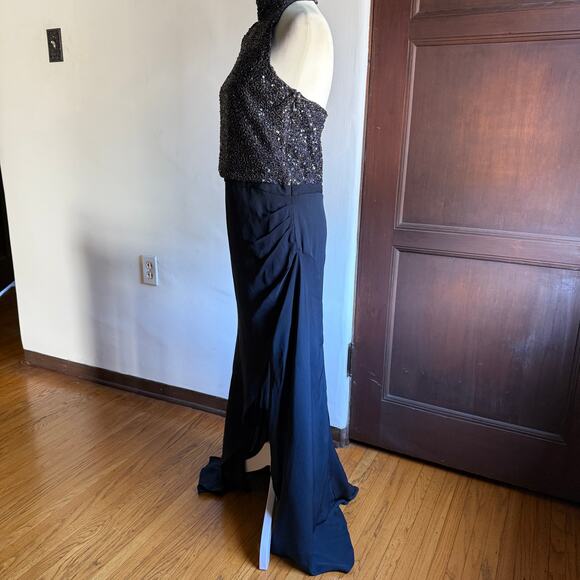 HAUTE HIPPIE | Navy Blue Beaded Silk High Neck wrap Skirt Gown Halter | Size 12 - Picture 4 of 7